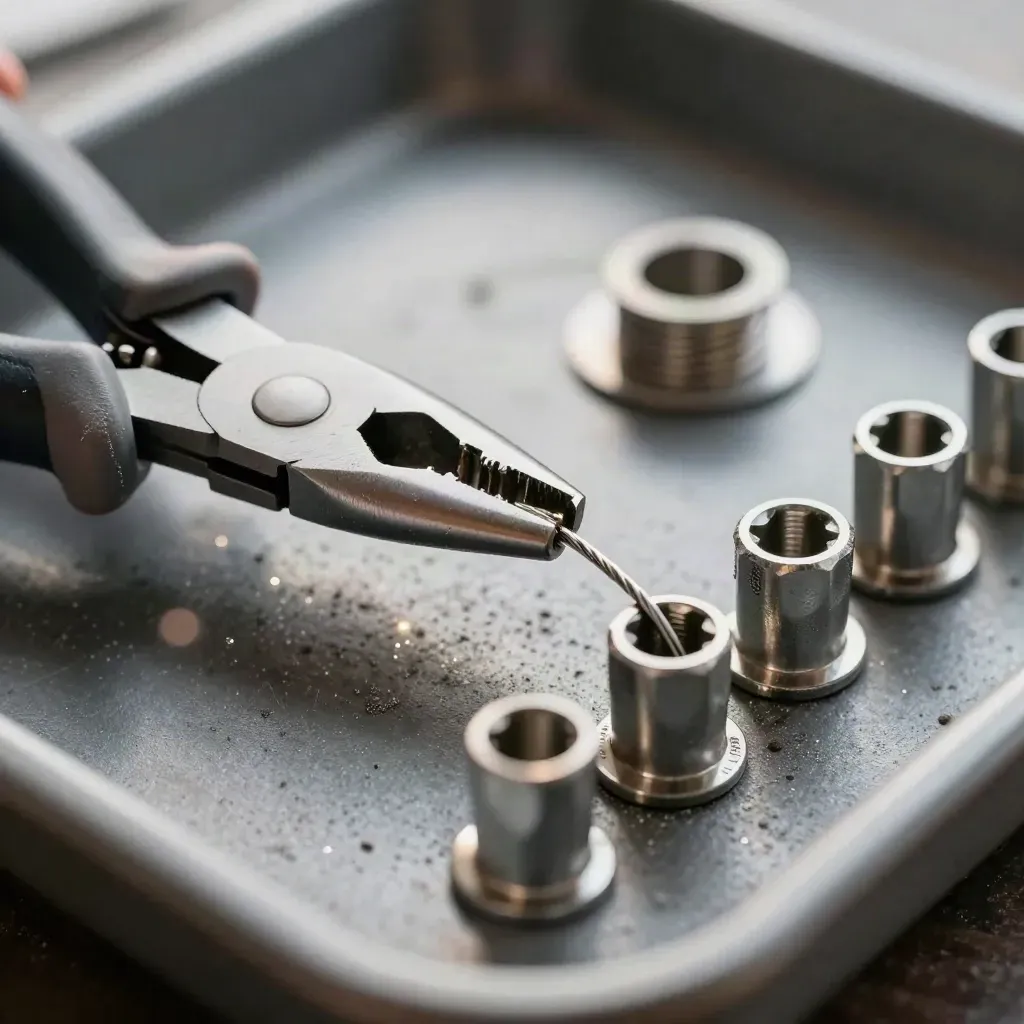 Safety-wire pliers with lockwire and fastener cups on a graphite maintenance bench
