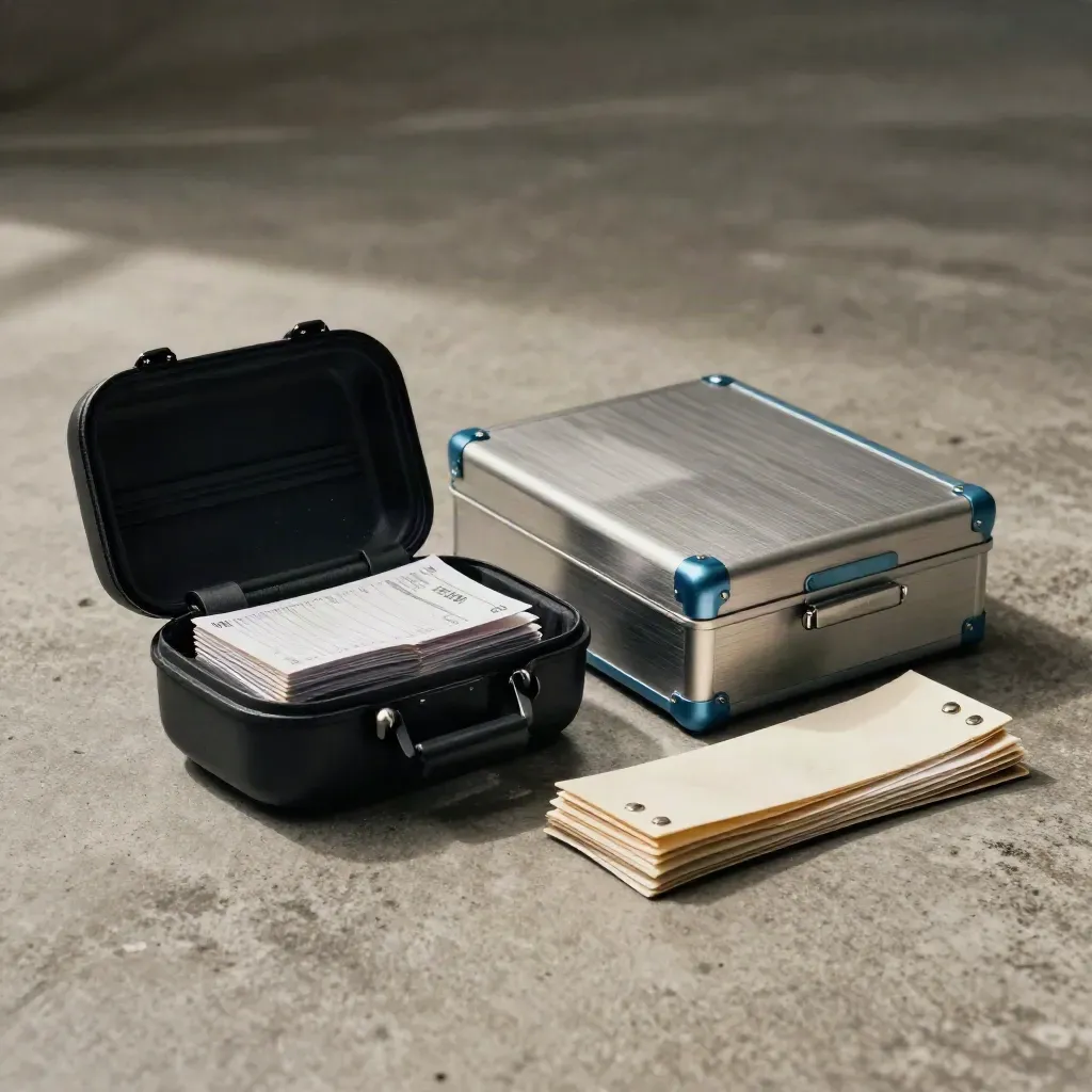 Black headset case, route tags, aluminum box, and sleeves on brushed concrete.
