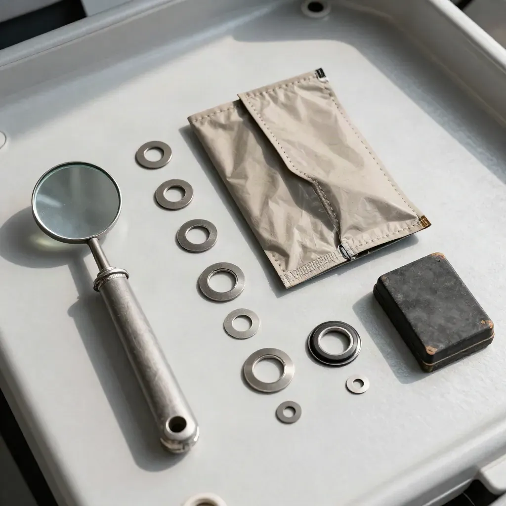 Top-down MRO bench kit with mirror, sealed pouches, washers, and maintenance block