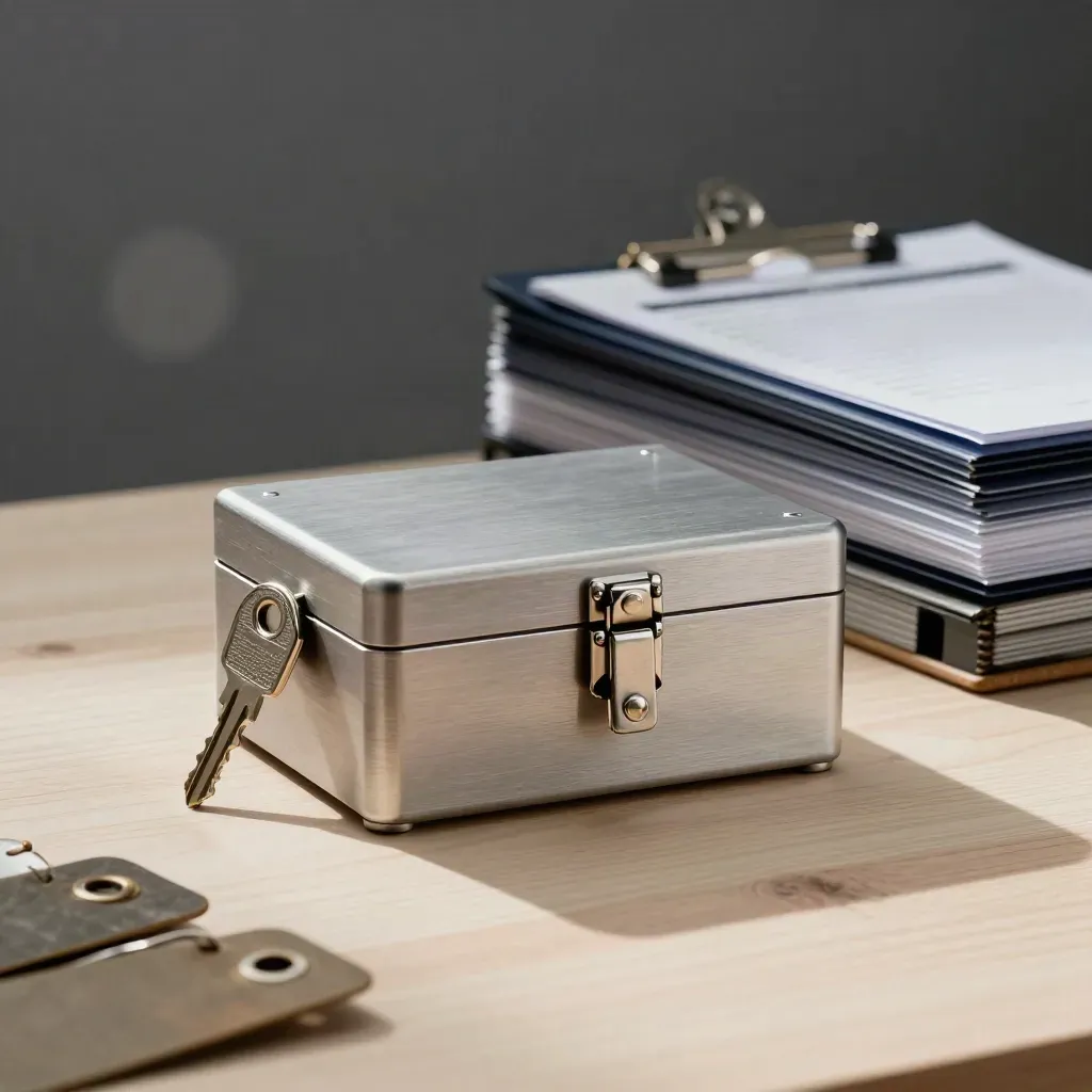 Brushed aircraft key box and pallet tags on pale wood with dark studio falloff