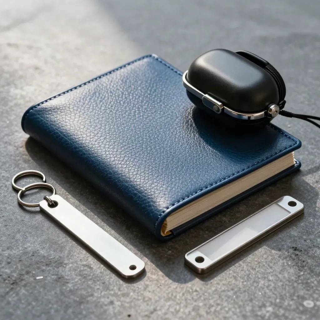 Business-jet logbooks, headset case, ring tags and label tray on graphite stone