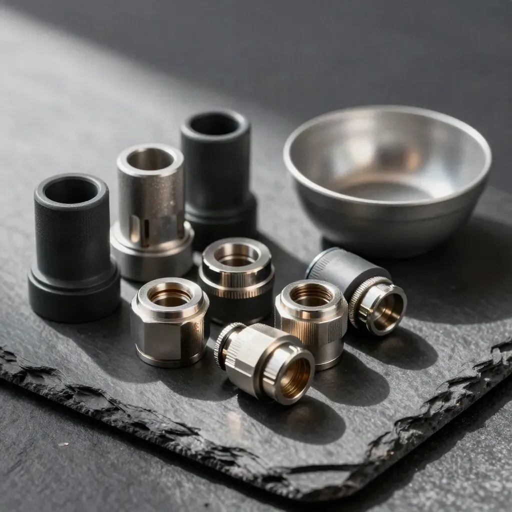 Airport maintenance connector shells, cable boots, inspection caps and a parts bowl on dark slate.