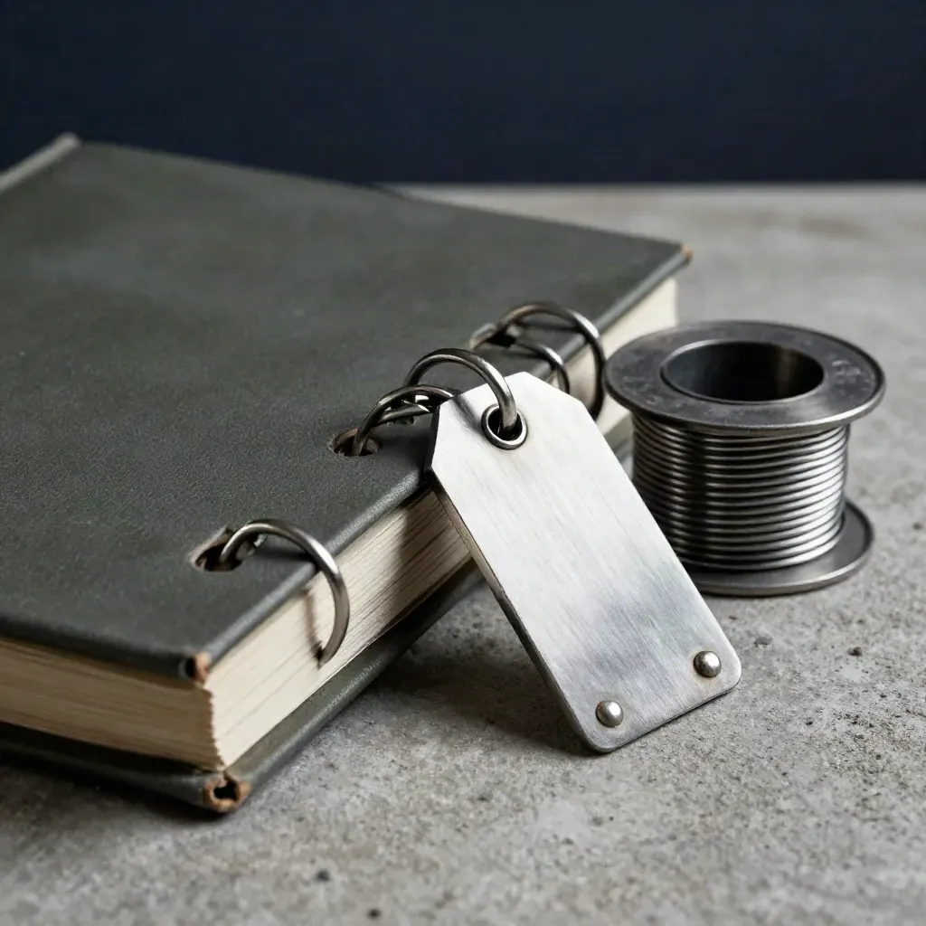 Ring-bound maintenance binder beside a metal tag and safety-wire spool on concrete
