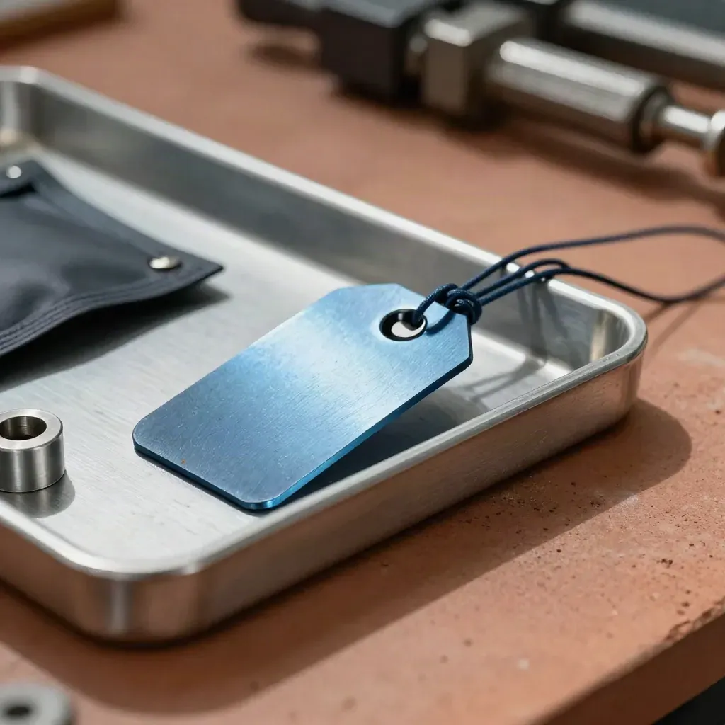 Steel-blue part tag, fastener pouch, and machined tray on a terracotta service bench.