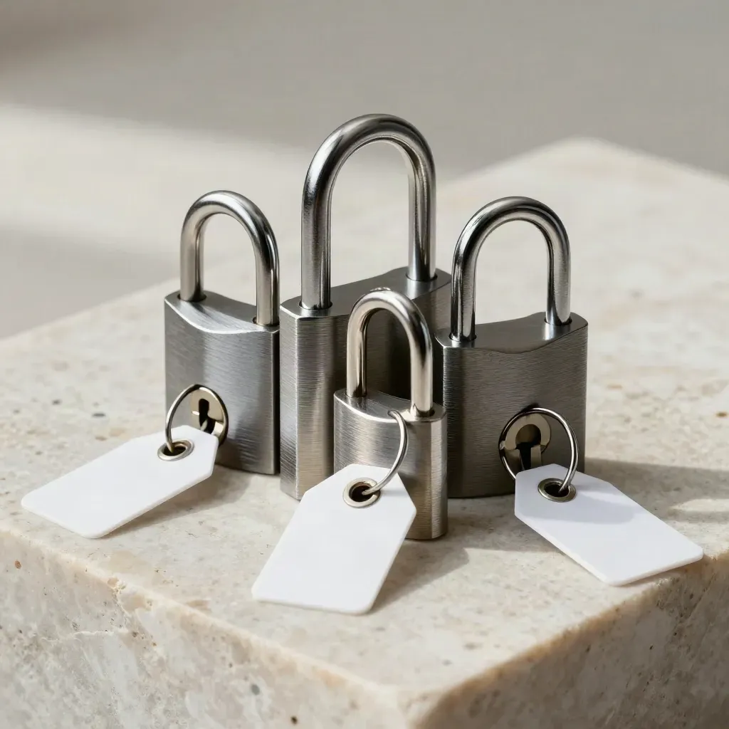 Three keyed padlocks with white tags grouped on pale limestone in a premium macro still life.