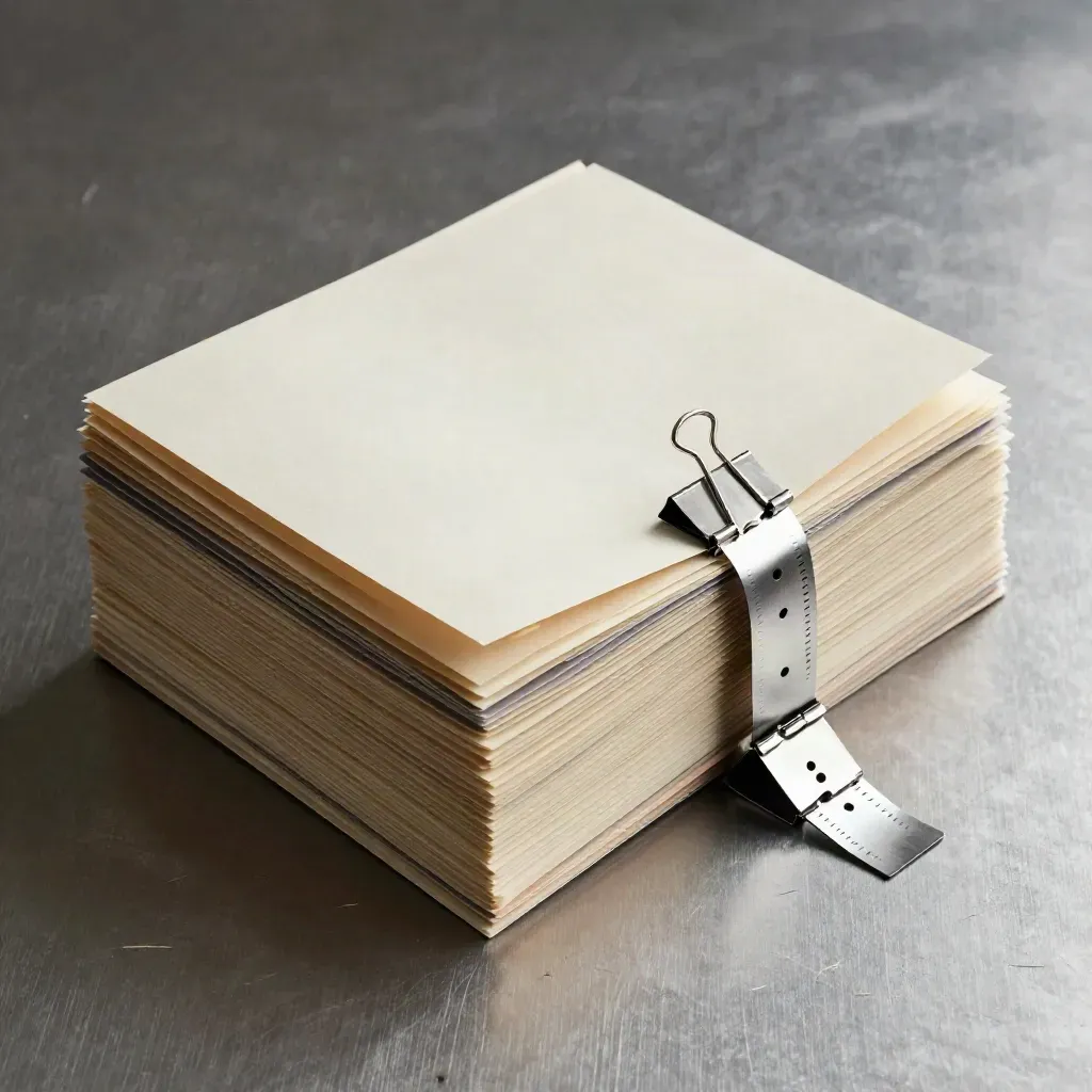 Audit folders, binder clips and seal strip stacked on brushed metal in soft daylight.