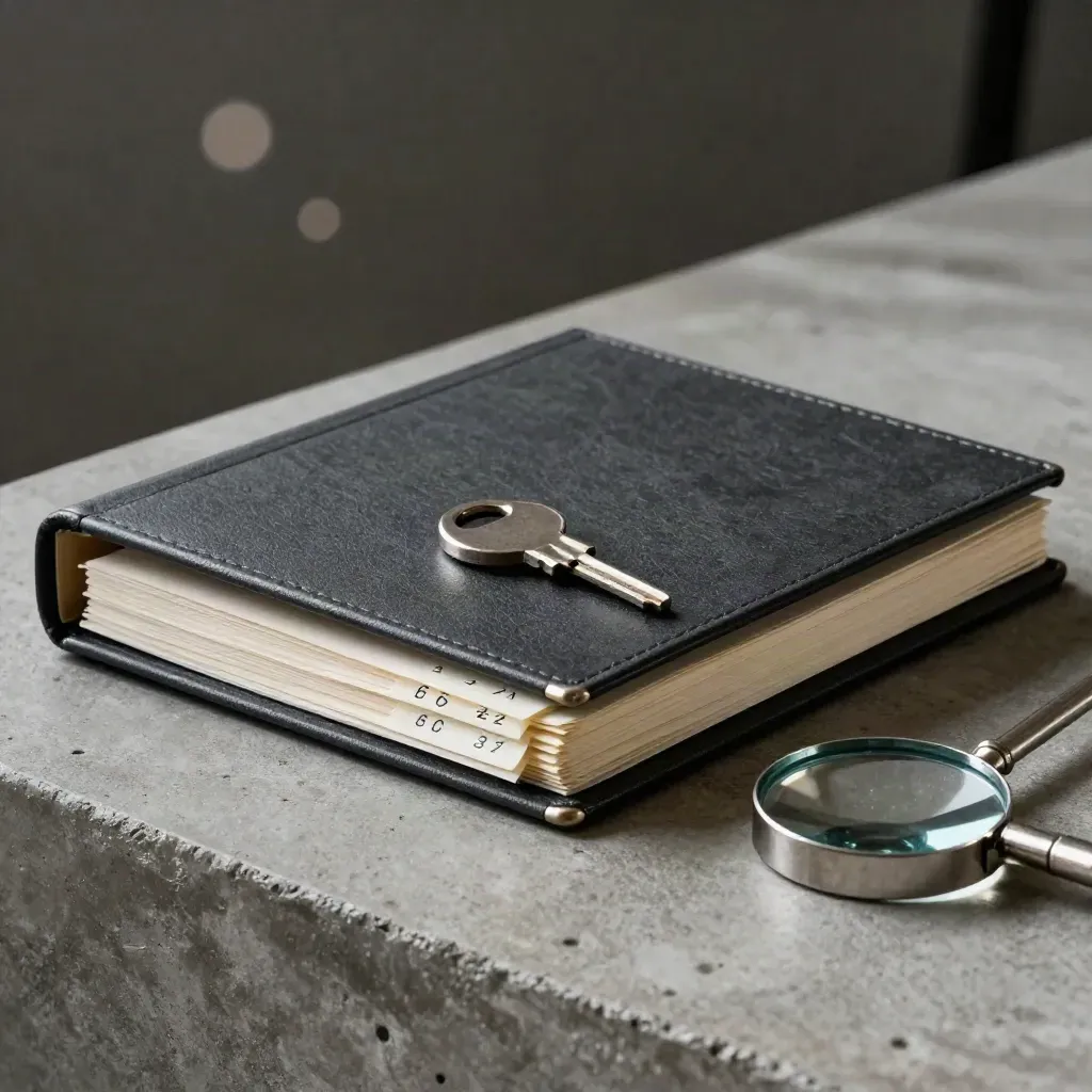 Closed audit binder, tail-number tags and inspection mirror on concrete under dramatic studio light.