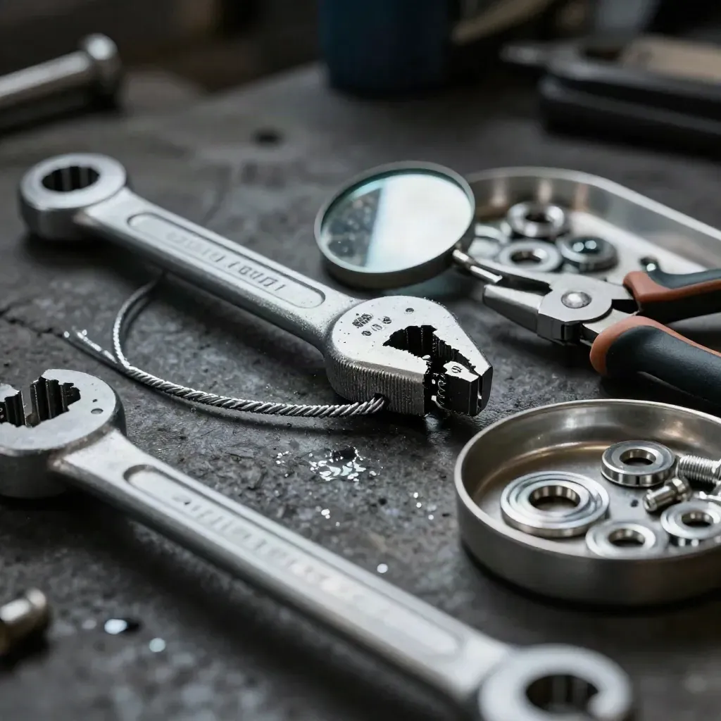 Torque wrench, safety-wire pliers, inspection mirror and parts trays on a dark maintenance bench.