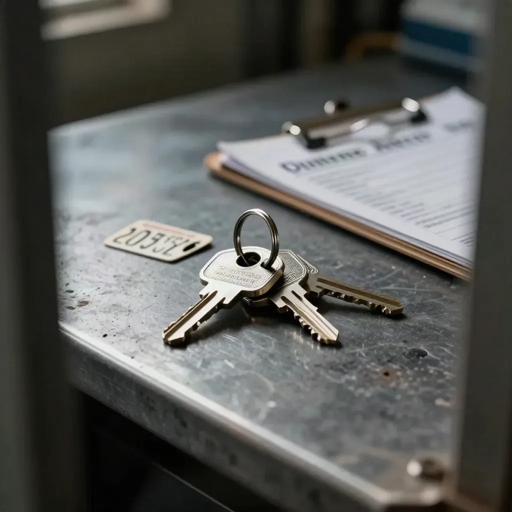 Fleet manager bench still life with key rings, aircraft tags and a folded clipboard in workshop dust.