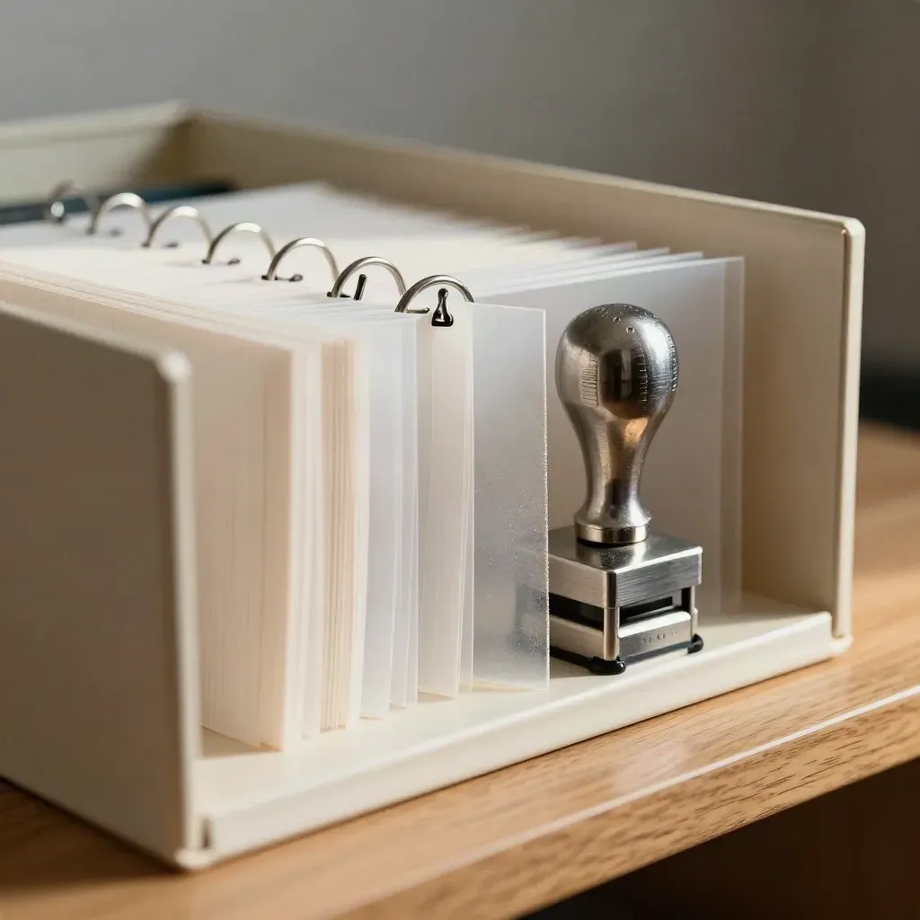 Macro of archival sleeves, binder rings and a metal inspection stamp on a warm oak shelf.