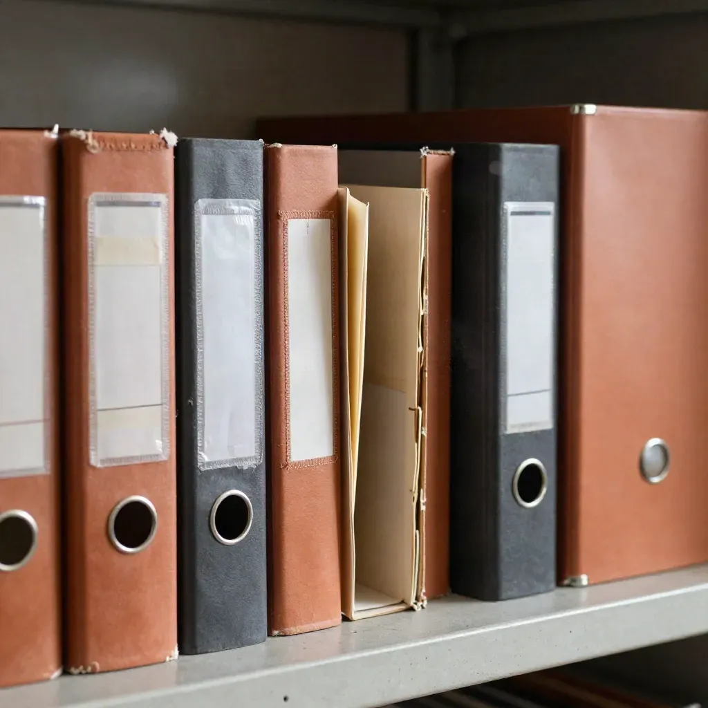 Aviation archive boxes, tab dividers and an empty binder slot on a concrete shelf.