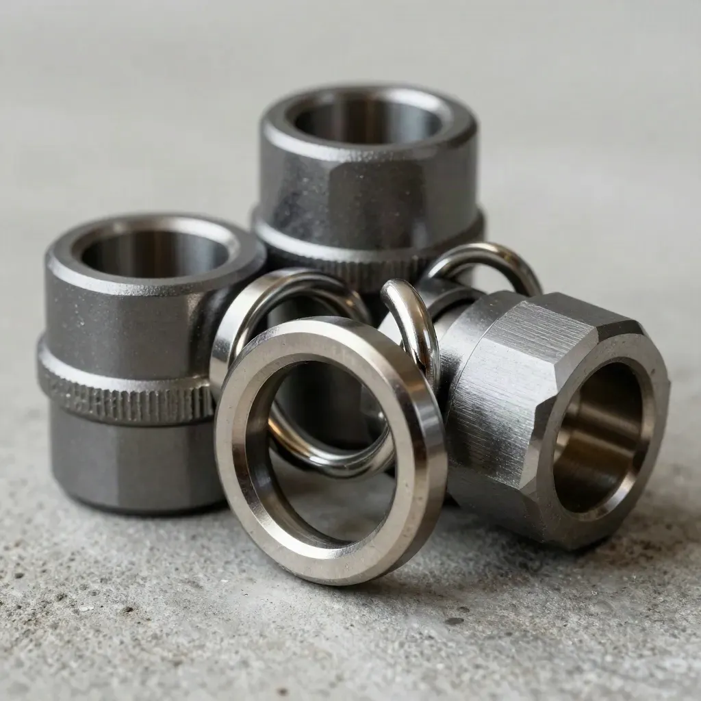 Machined couplings and linked rings on concrete, lit dramatically in a premium still life.