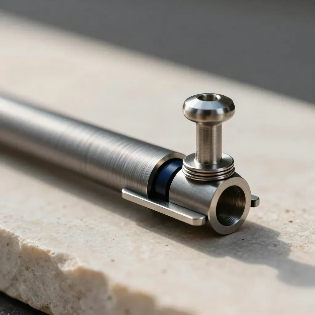 Macro of machined brackets, bridge pin, shims and plate on pale stone