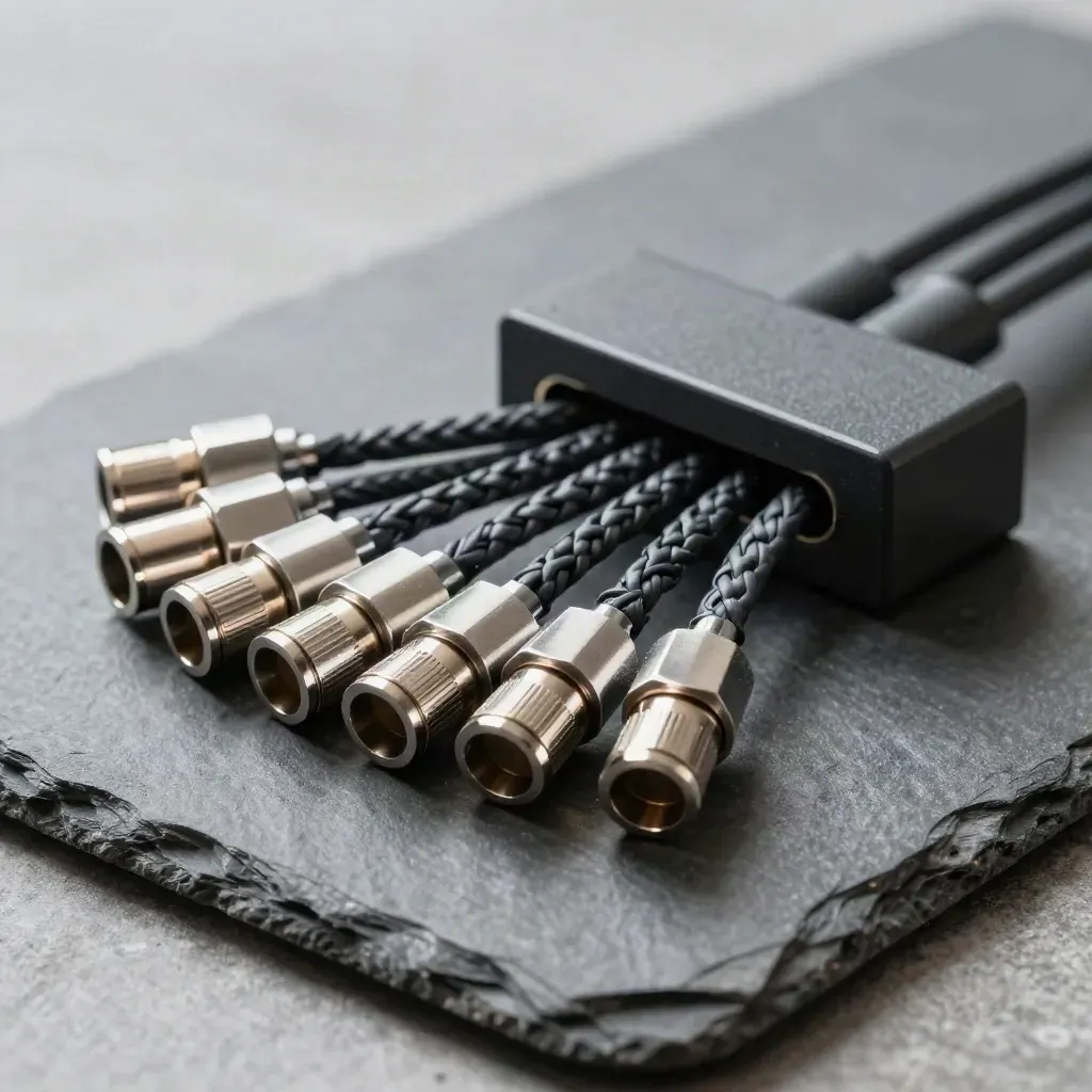 Linked metal rings, cable connectors and graphite block on slate in soft daylight