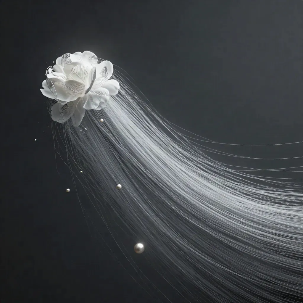 Silver light filaments converge into a soft white bloom in dark graphite space.